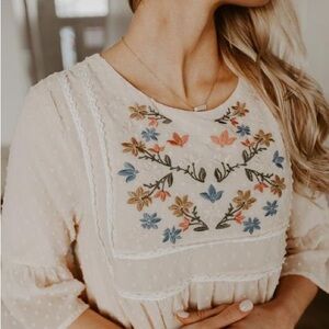 NWOT Swiss Dot Floral Embroidered Cream Dress